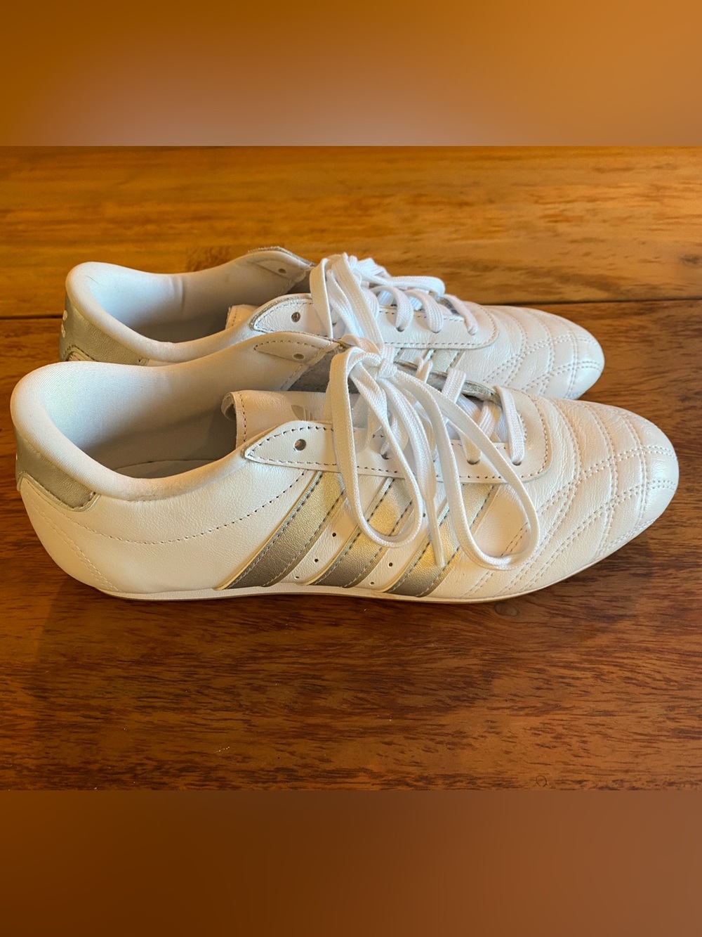 Adidas Taekwondo Tennis Shoes Women White Leather Athletic Shoes Silver Stripes